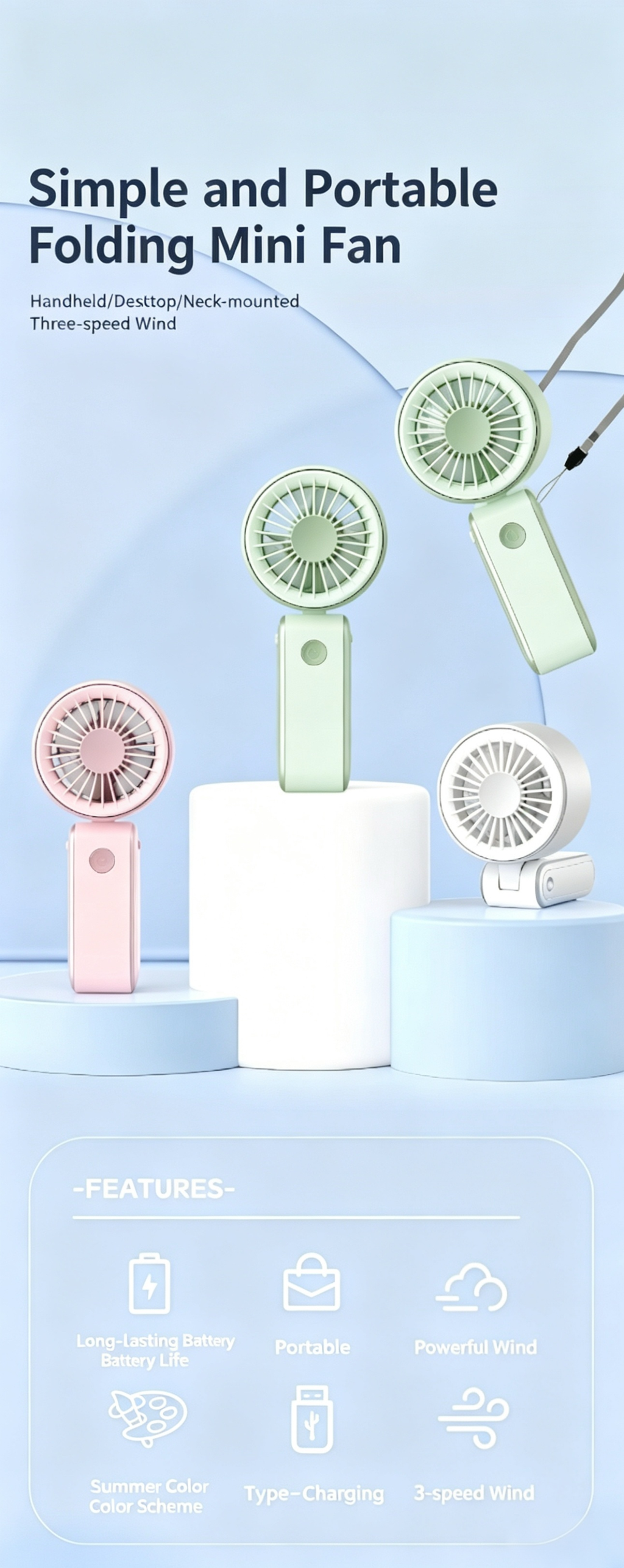⚡Mini handheld fan⚡3-Speed USB Charging Small fan with strong airflow! Includes a Type-C charging cable.Your ultimate outdoor cooling companion for summer!