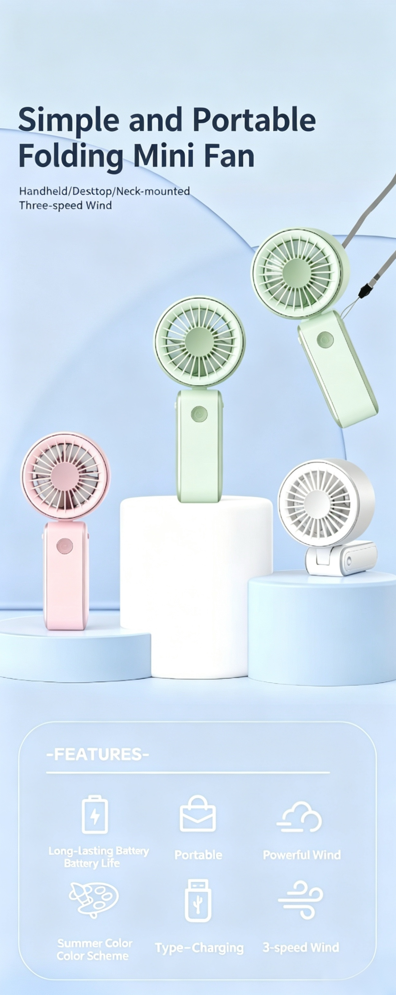 ⚡Mini handheld fan⚡3-Speed USB Charging Small fan with strong airflow! Includes a Type-C charging cable.Your ultimate outdoor cooling companion for summer!